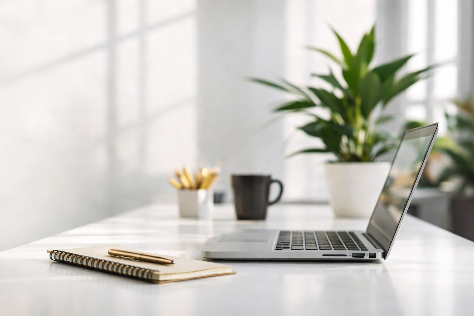 Desk with laptop, notebook, pen, mug, and plant